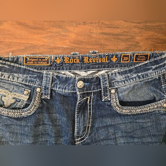 Rock Revival Casey Straight Leg Jeans Embroidered Mens 36x32 Thick Stitch - Picture 4 of 7